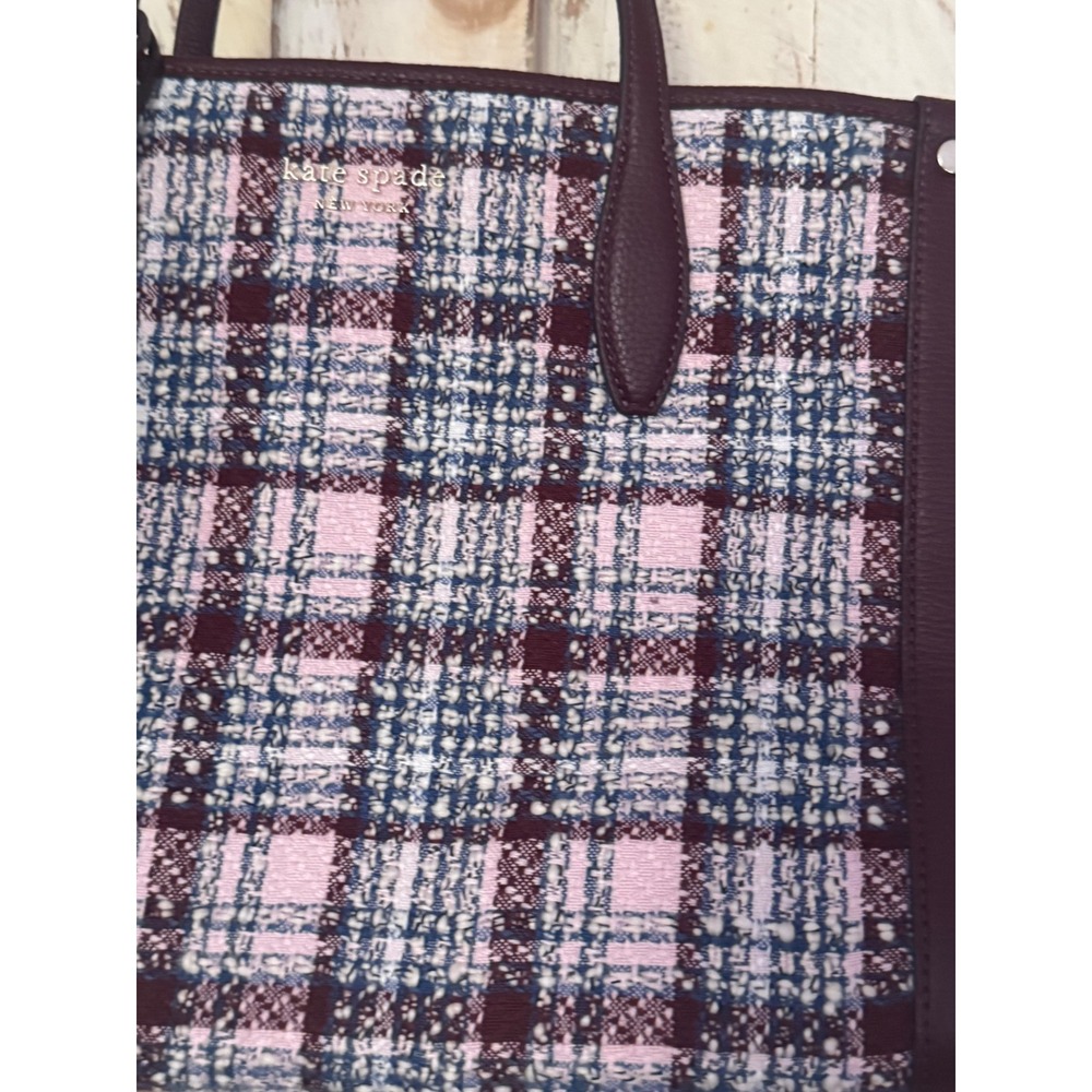 Kate Spade Plaid Burgundy Blue White Tweed Tote Shoulder Bag NWOT - Picture 5 of 16